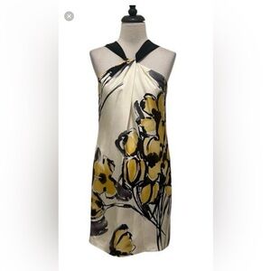 Vince 100% Silk Black and Yellow Floral Above Knee Halter Dress Size 10